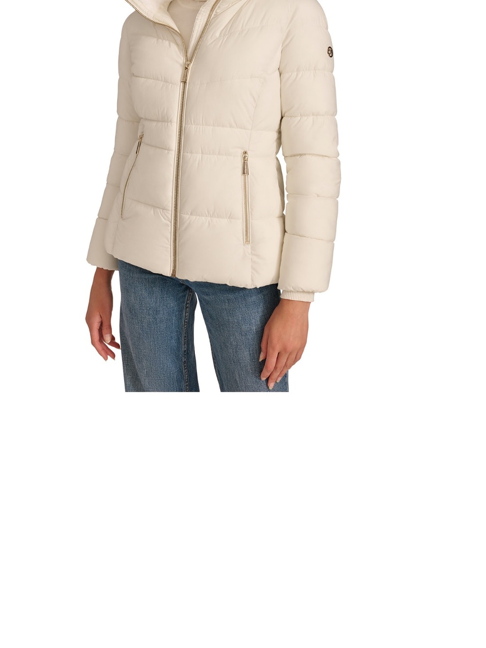 Calvin Klein Birch Quilted Puff Jacket with Zip Pockets and chic faux fur.